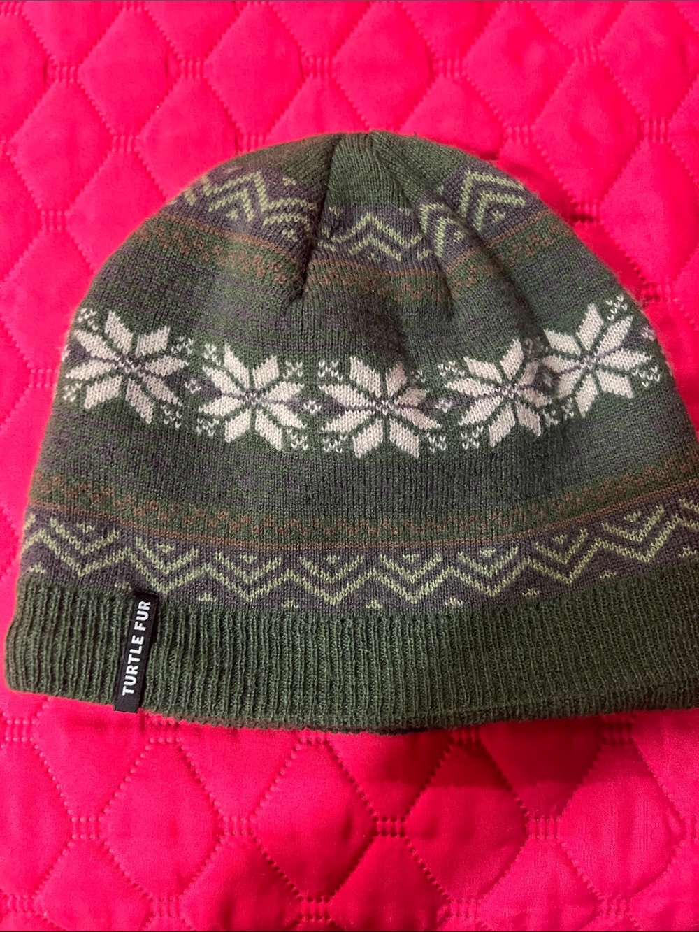 Turtle Fur Unisex Olive Green Snowflake Knit Beanie